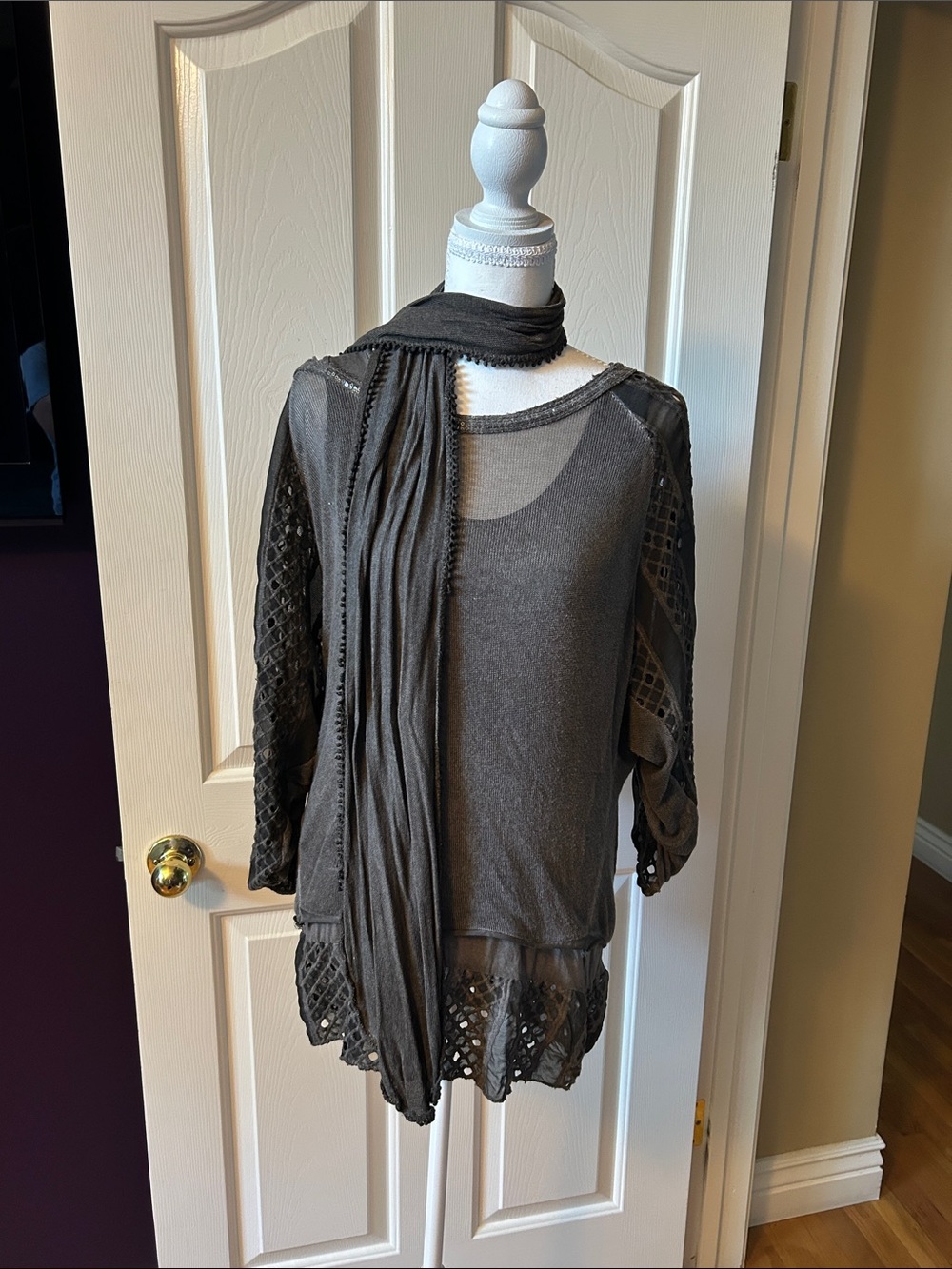 Women's 3 Piece Charcoal Gray Crochet-Trim Scoop Neck Sweater with Scarf